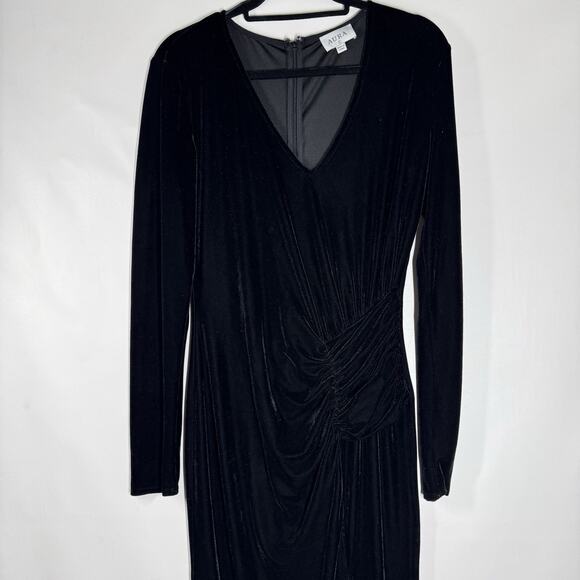 AURA Black Velvet Ruched Waist Side Slit Long Sleeve Maxi Dress Large Witchy - Picture 1 of 8